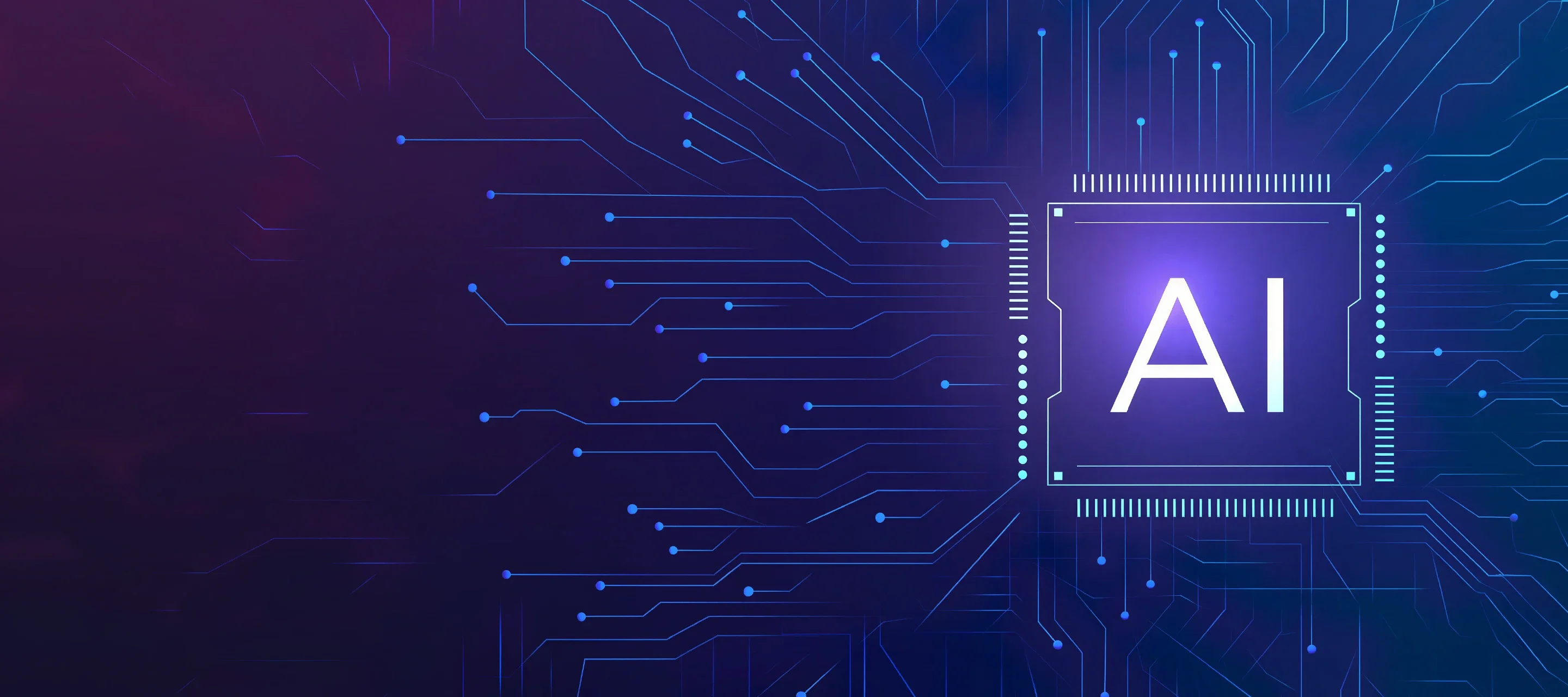 Chip com a sigla AI sobre circuitos iluminados em azul e roxo