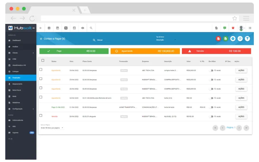 Hubsoft screen: Accounts payable