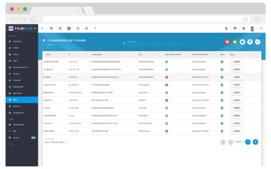 Hubsoft screen: Connection equipment