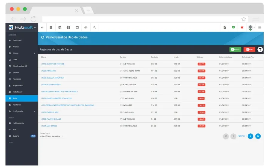 Hubsoft screen: Data usage panel
