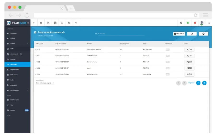 Hubsoft screen: Monthly billing