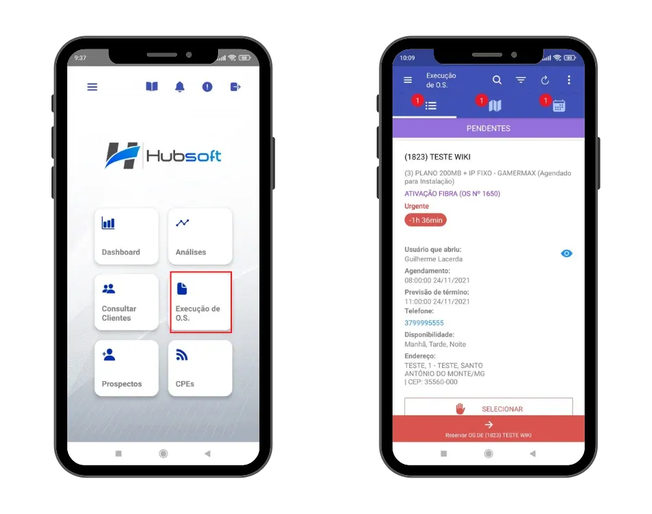 Hubsoft screen: Work orders in the mobile app