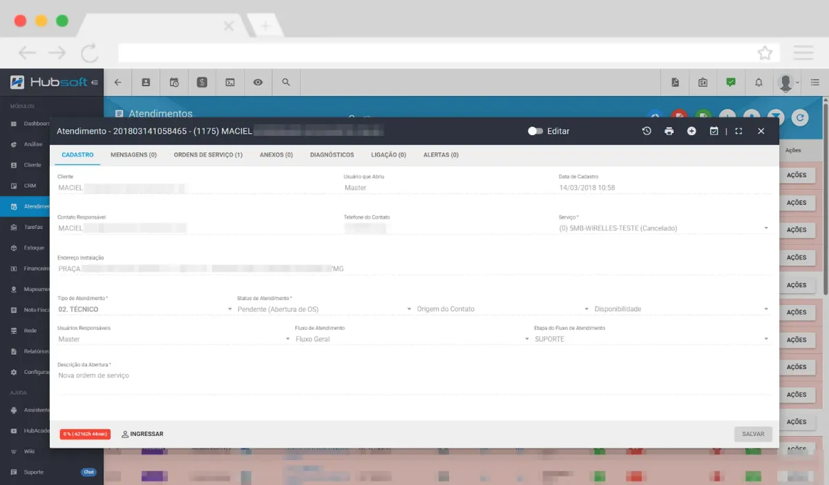 Hubsoft screen: Ticket and work order control