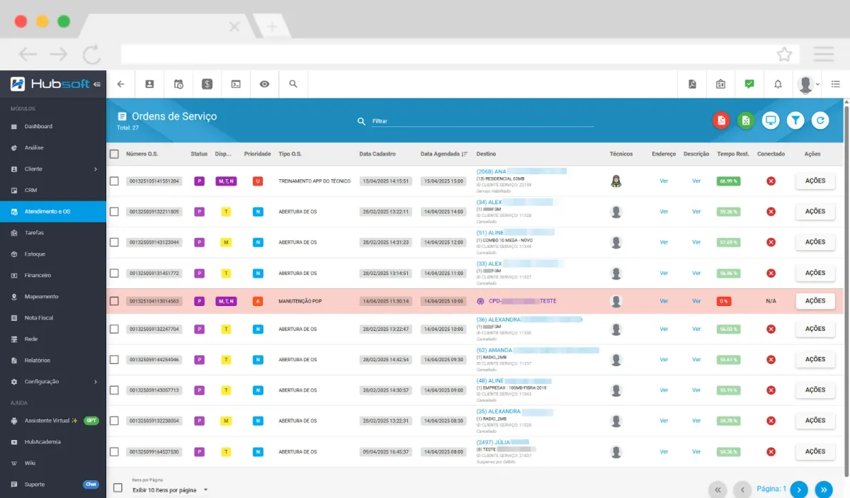 Hubsoft screen: Work order control