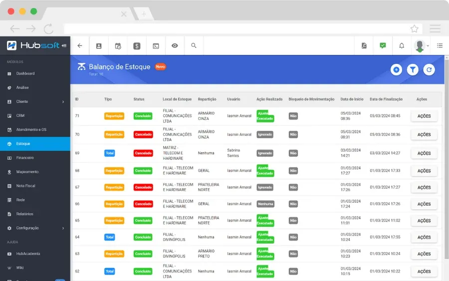 Hubsoft screen: Stock count