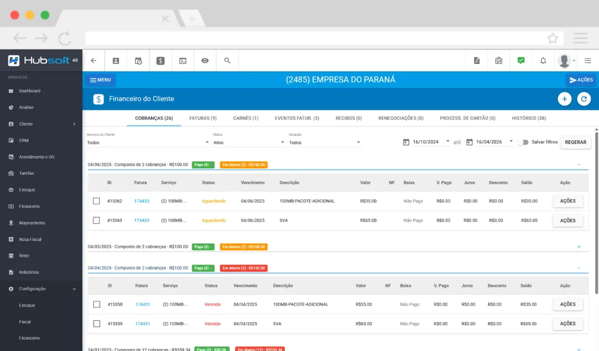 Hubsoft screen: Customer billing information