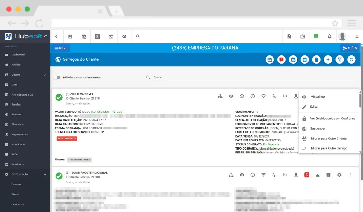 Hubsoft screen: Customer services