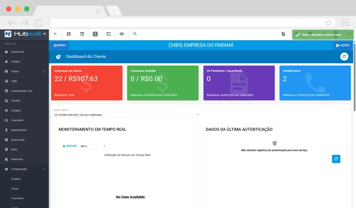 Hubsoft screen: Customer dashboard