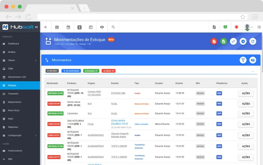 Hubsoft screen: Stock movements