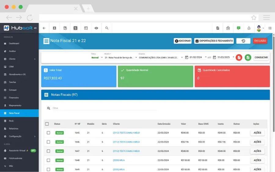 Hubsoft screen: Telecom invoices (21/22)