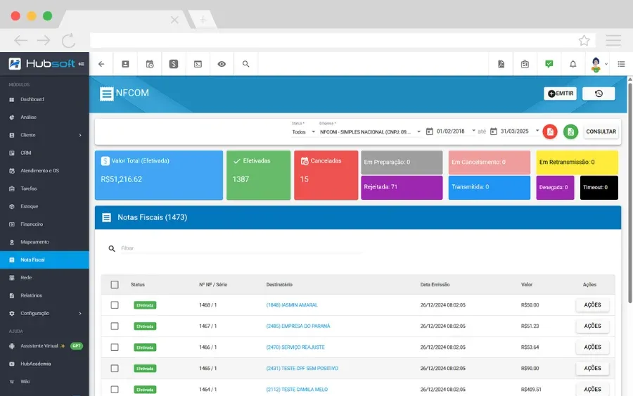 Hubsoft screen: NFCom (model 62)