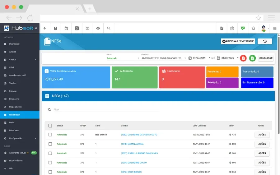 Hubsoft screen: Service NFS-e (ISS)