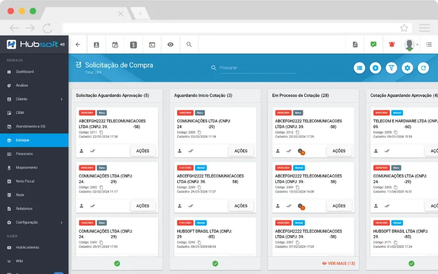 Hubsoft screen: Purchase requests