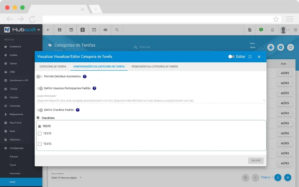 Hubsoft screen: Task categories