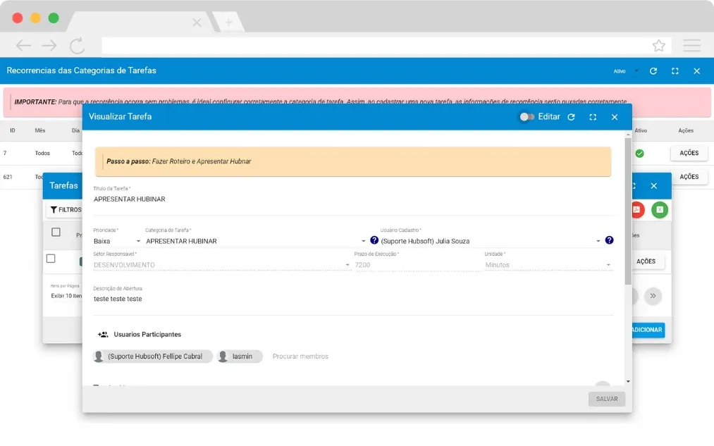 Hubsoft screen: Task automation