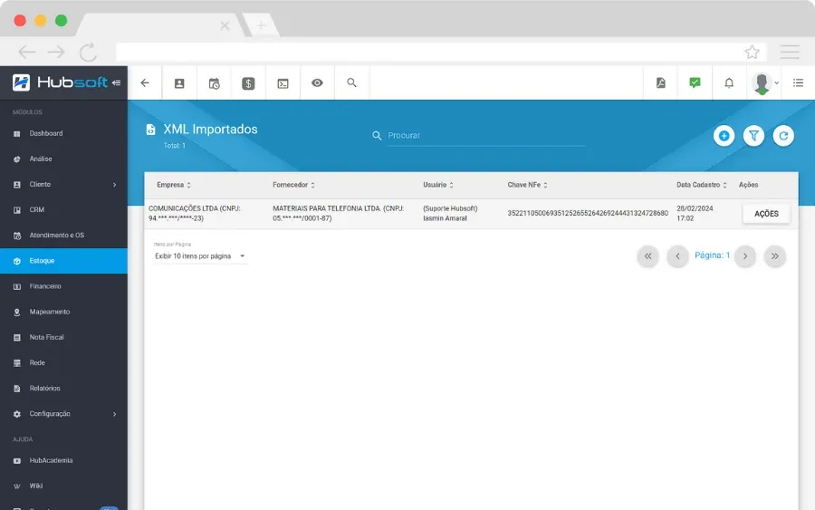 Hubsoft screen: XML import