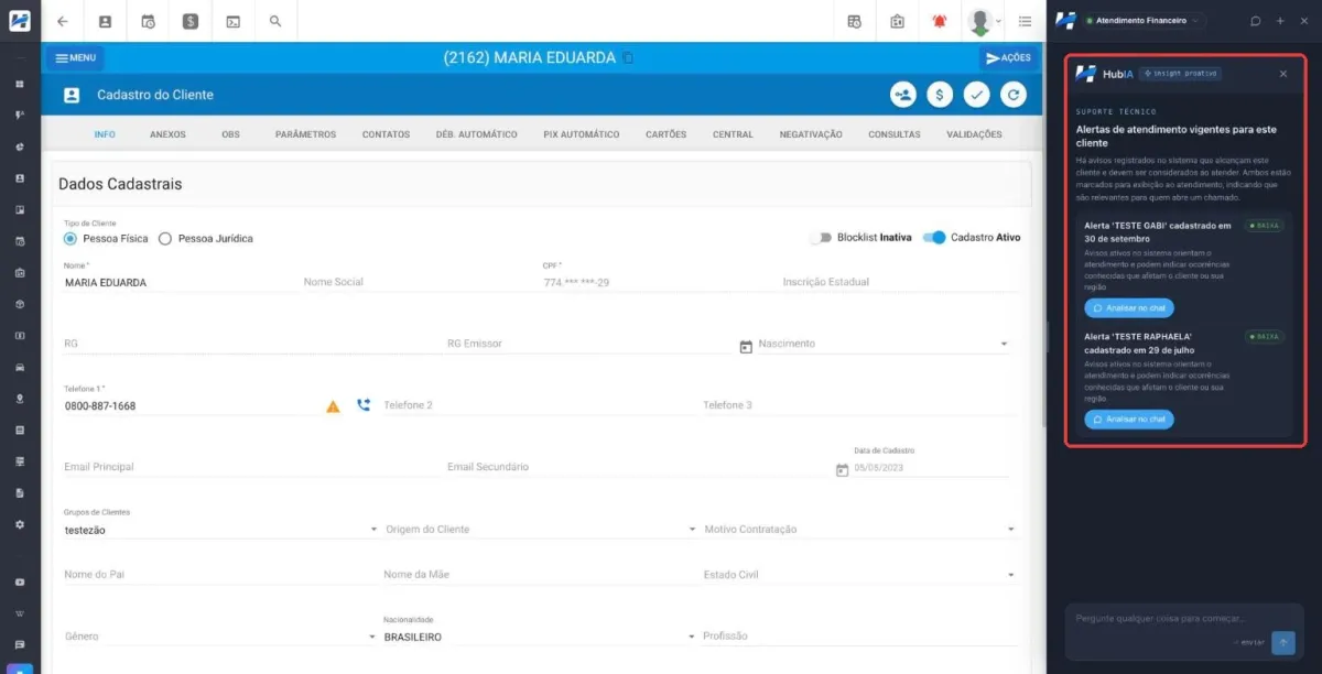 Exemplo Insight proativo na HubIA.