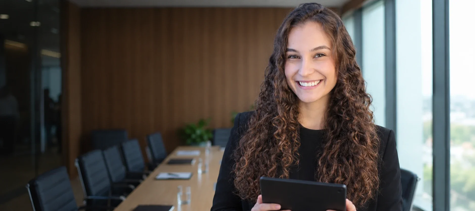 Mulher de cabelo cacheado sorrindo com um tablet em uma sala de reuniões
