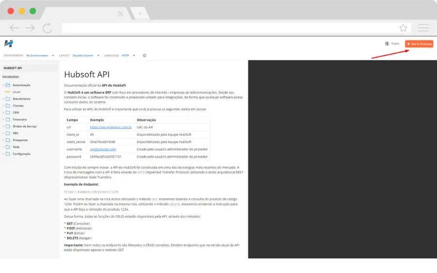 Hubsoft API collection in Postman
