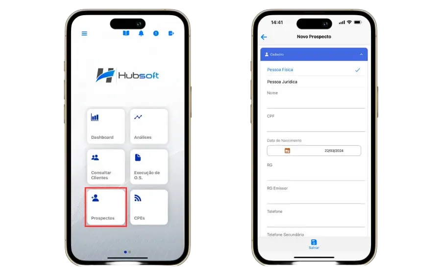 Prospect registration in the Hubsoft app