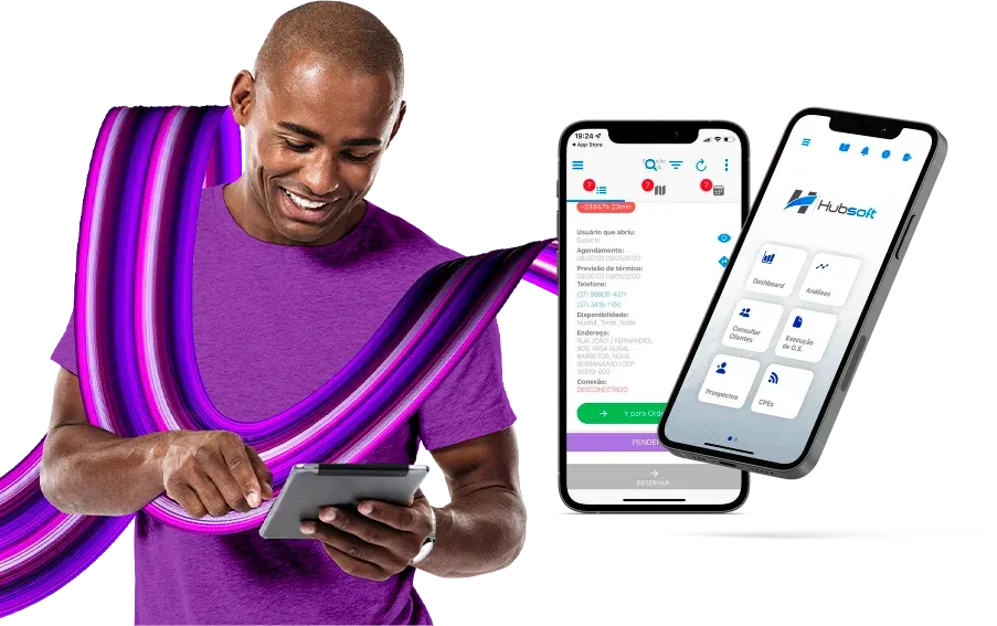 User holding a tablet next to Hubsoft mobile app screens