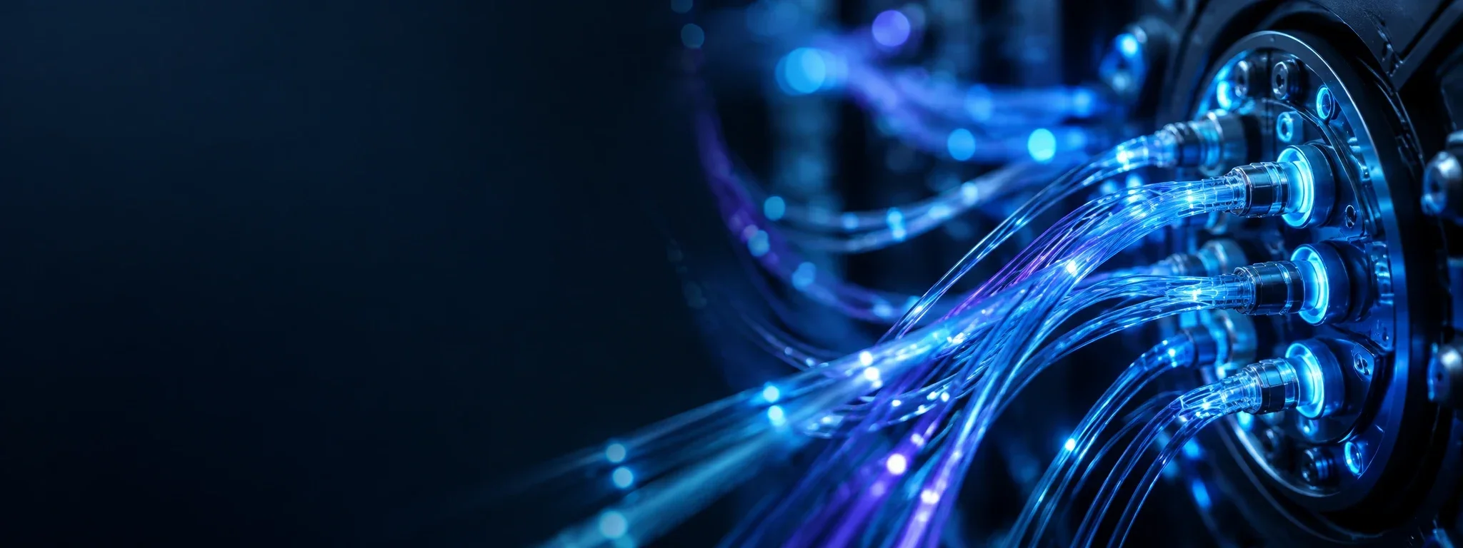 Cabos de fibra óptica iluminados convergindo para um ponto de conexão