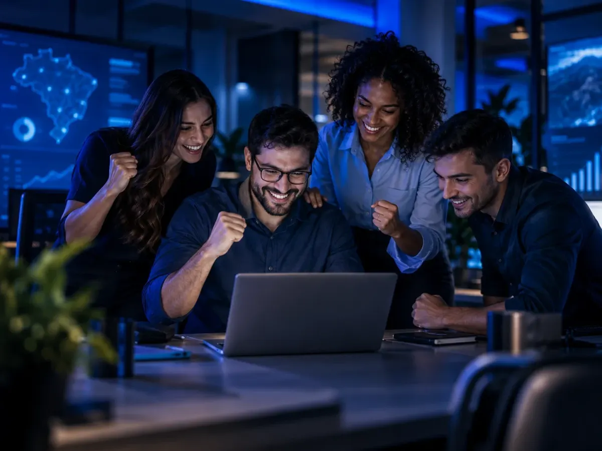 ISP team celebrating results around a laptop