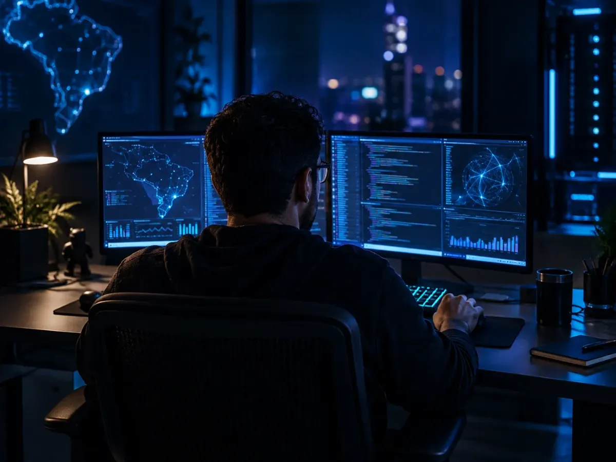 Developer working at a dual-monitor setup in a dark room