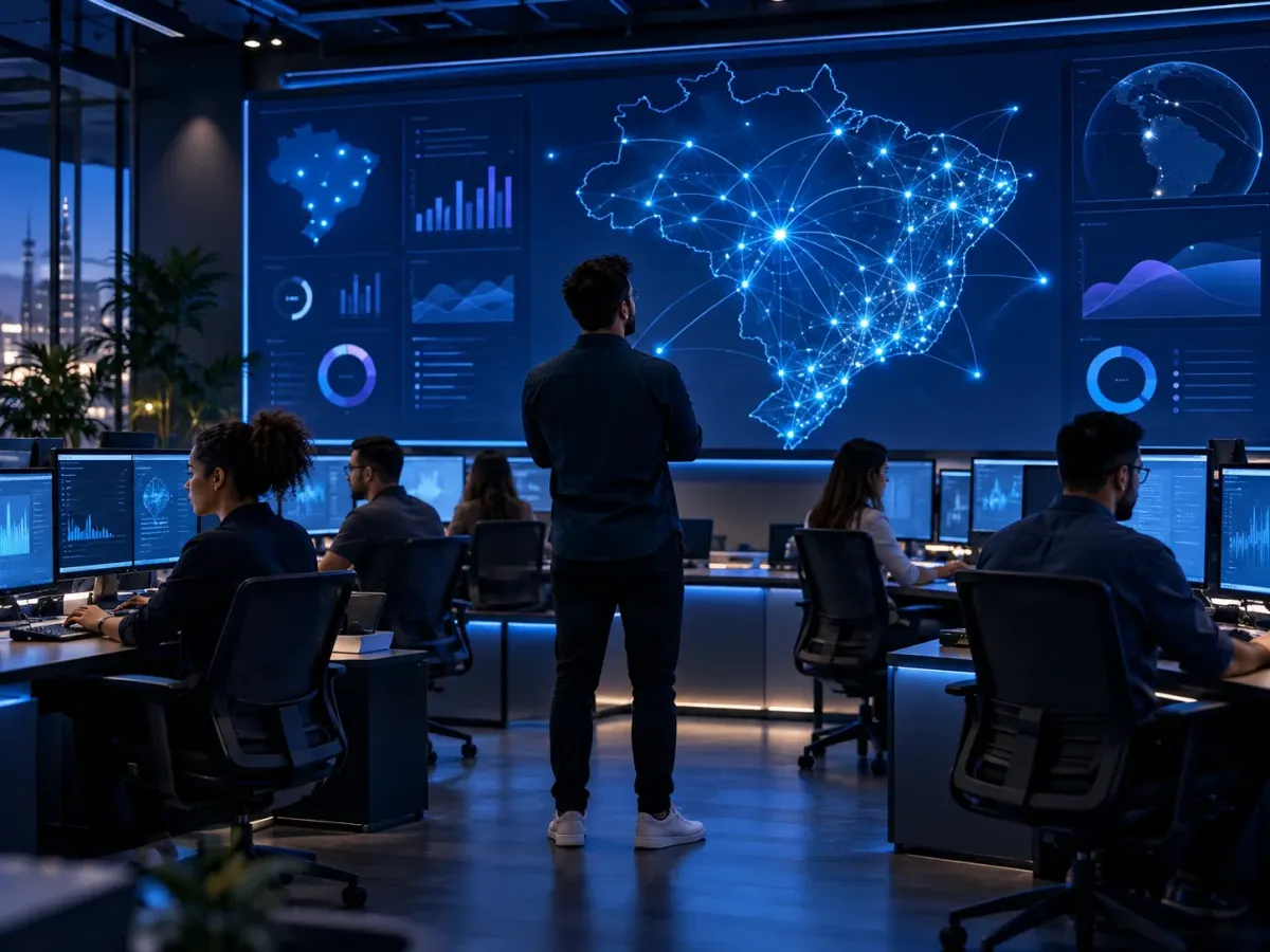 Regional ISP operations room with a large network map screen