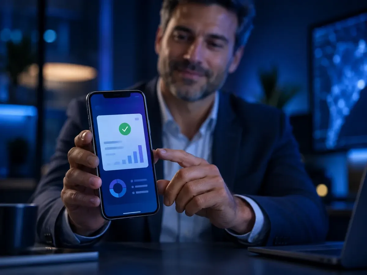 Business owner showing a simple, approved monthly invoice on a phone