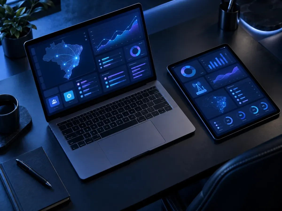 Laptop and tablet showing modular management dashboards on a desk