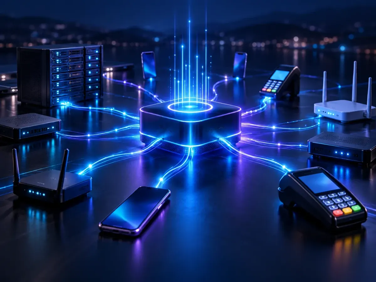 Hub central conectado por feixes de luz a roteadores, servidores, celulares e maquininhas