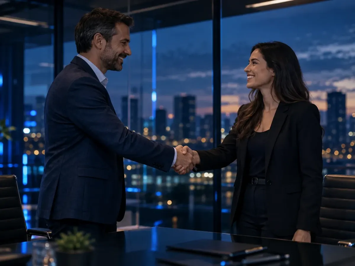 Executives shaking hands in a meeting room overlooking the city
