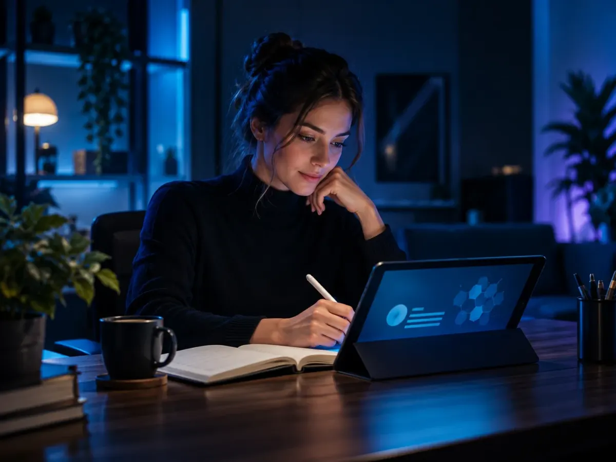 Professional studying with a tablet and notebook in an office at night